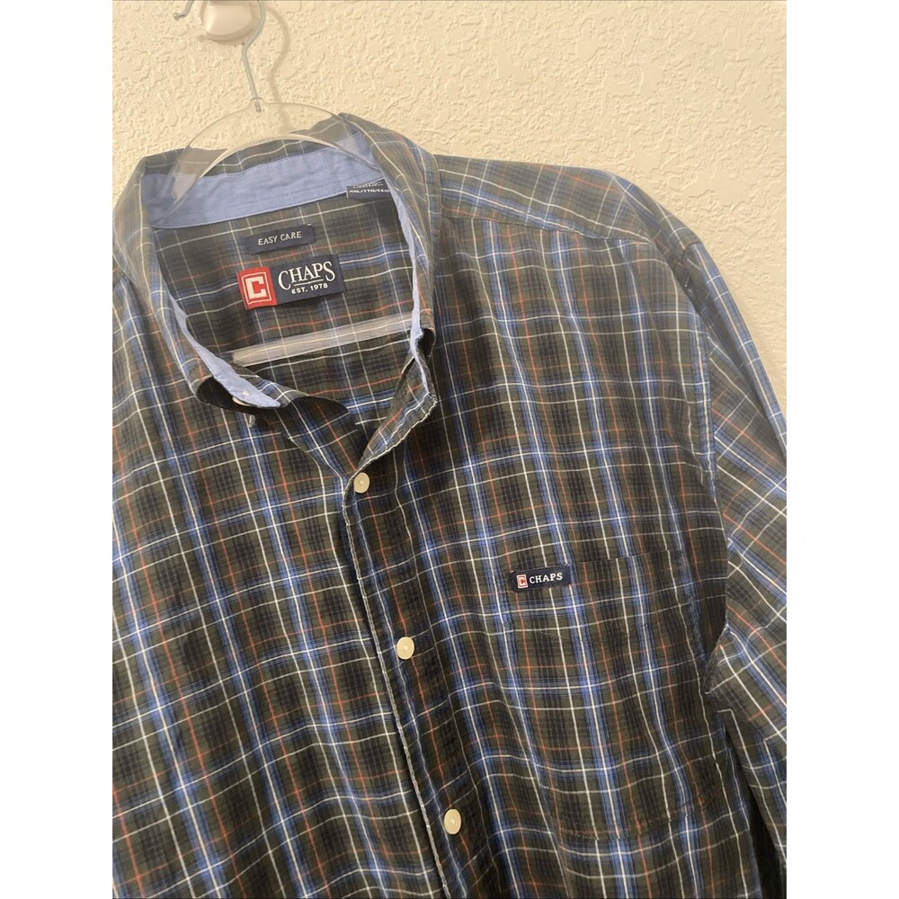 Chaps Easy Care Shirt Mens XXL 2XL Green & Blue Plaid Checks Button Front Top